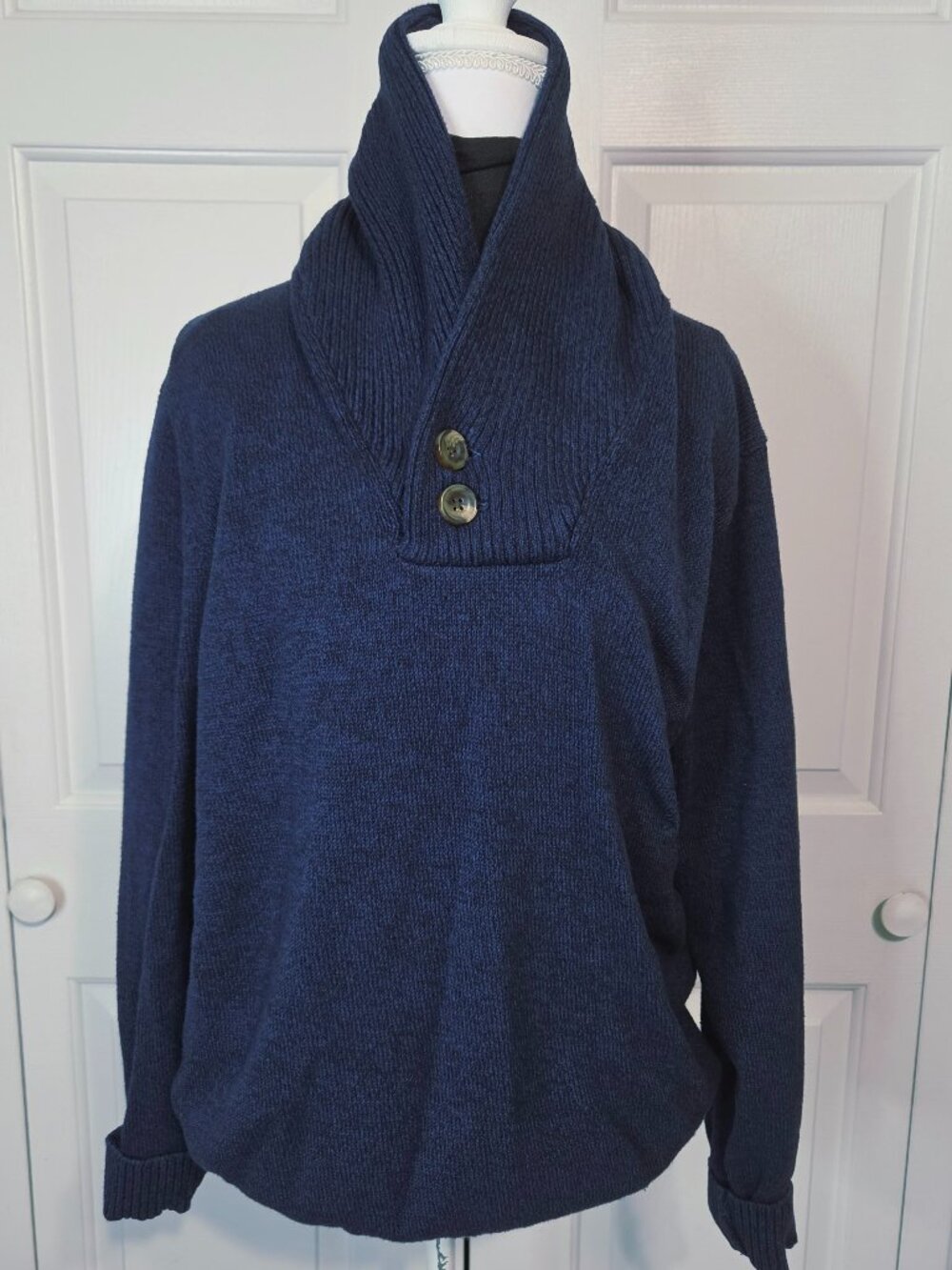 IZOD Men Navy Blue Ribbed Shawl Neck Button Pullover Sweater - Size Medium
